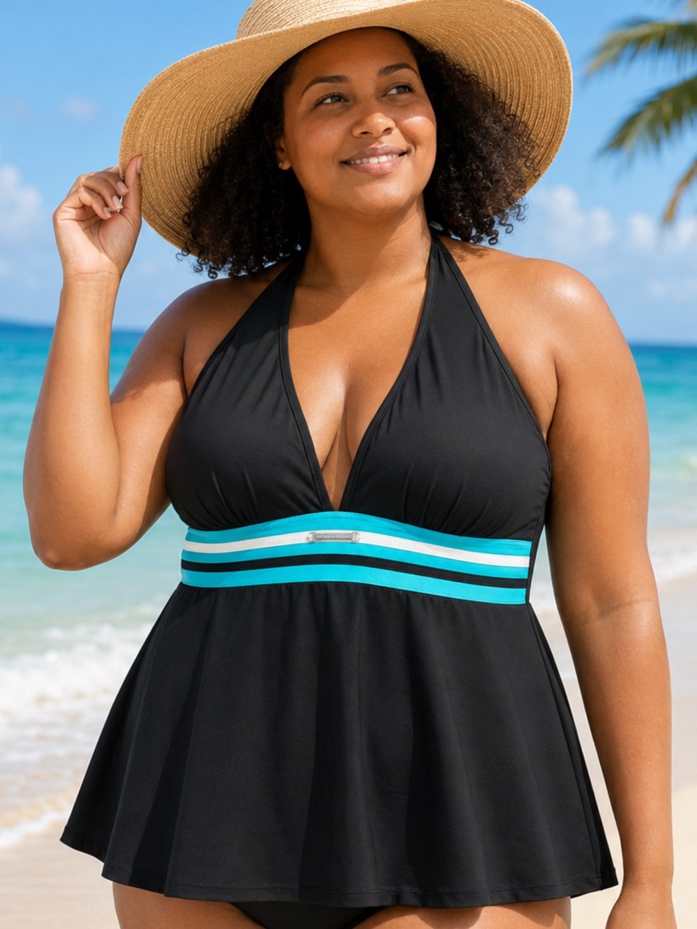 CARIBBEAN JOE Plus 18W Black Halter Tankini Top Aqua Stripe Swim